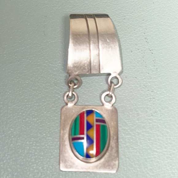 MANYGOATS Signed Native American Turquoise Inlay Necklace Pendant - Picture 3 of 10